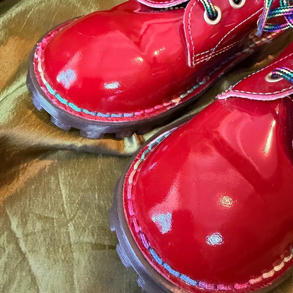 Dr. Martens Vintage Red Leather Boots With Rainbow Stitching